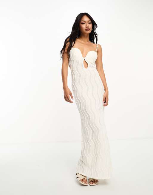 ASOS DESIGN pearl trim lace maxi dress in white