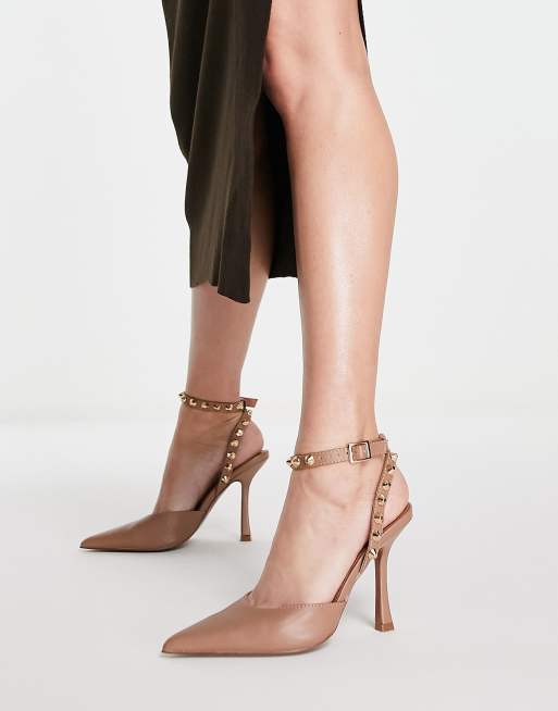 ASOS DESIGN Pearson studded stiletto high heeled shoes in beige