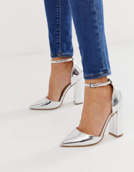 ASOS DESIGN - Pebble - Scarpe argento a punta con tacco alto