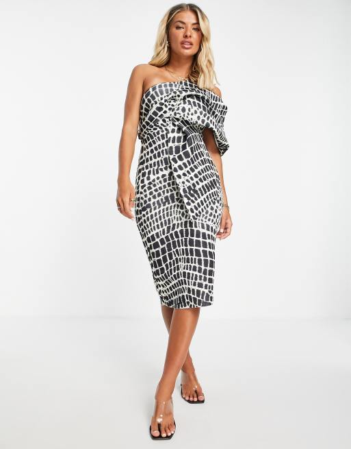 ASOS DESIGN – Peekaboo – Czarno-biała sukienka ołówkowa midi z odsłoniętymi ramionami i wzorem skóry węża