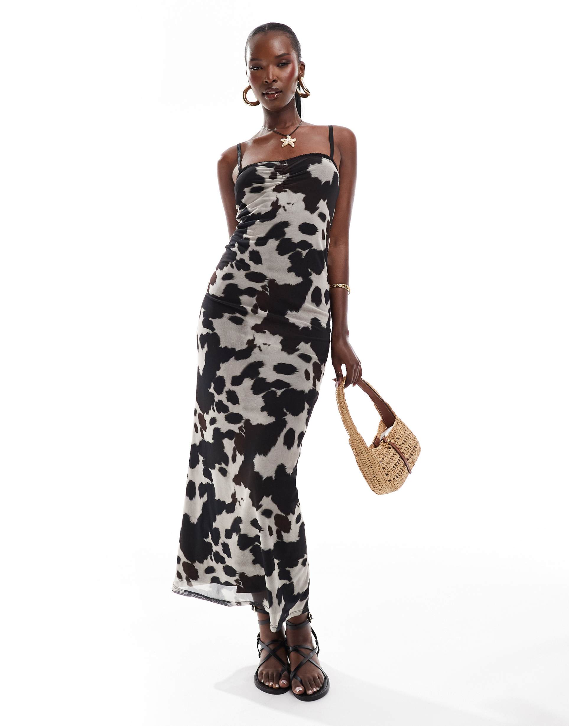 asos design peekaboo mesh midaxi dress in cow print