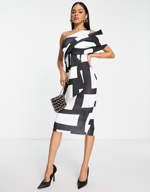 ASOS DESIGN – Peekaboo – Midi-Bleistiftkleid mit Zierausschnitt, Faltendetail und Schachbrettmuster in Schwarz-Weiß