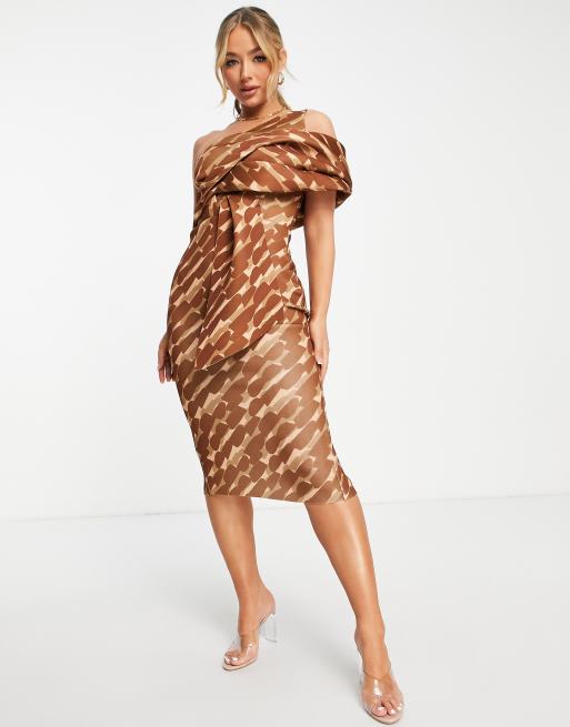 ASOS DESIGN peekaboo – Ołówkowa sukienka midi na jedno ramię z marszczeniem, w geometryczny wzór