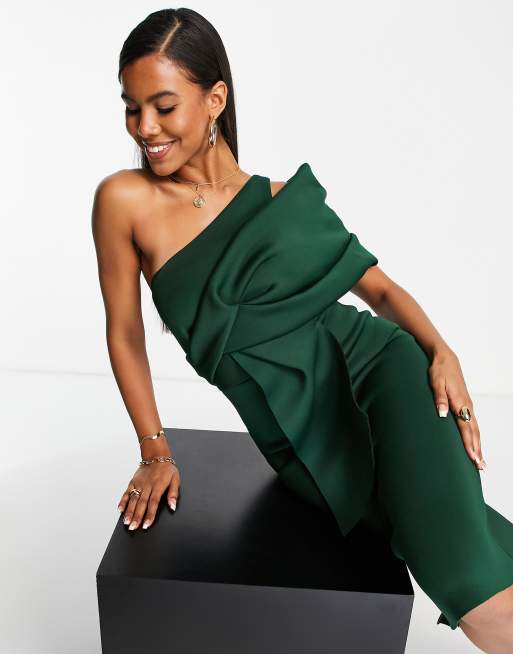 ASOS DESIGN – Peekaboo – Ołówkowa sukienka midi z marszczonym ramieniem w kolorze leśnej zieleni