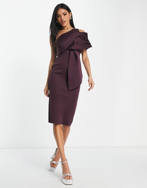 ASOS DESIGN peekaboo shoulder gathered midi pencil dress in aubergine ...