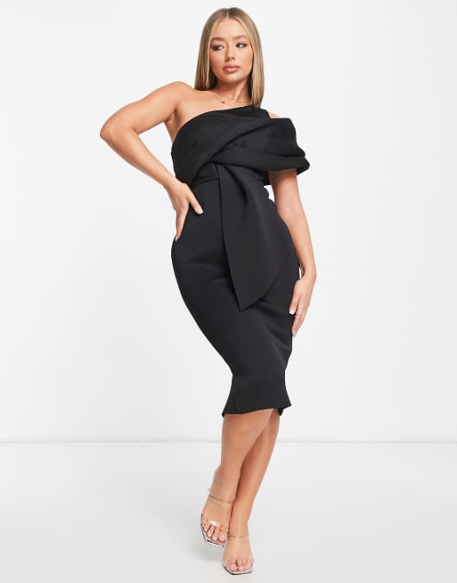 ASOS DESIGN peekaboo shoulder gathered midi pencil dress in black