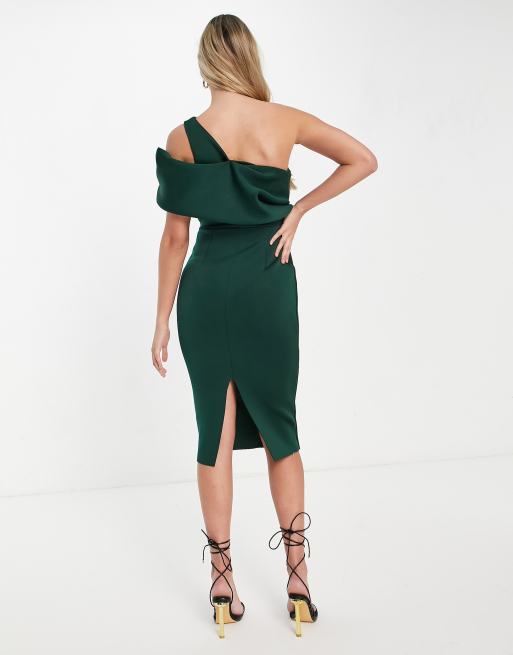 ASOS DESIGN peekaboo shoulder gathered midi pencil dress in forest green