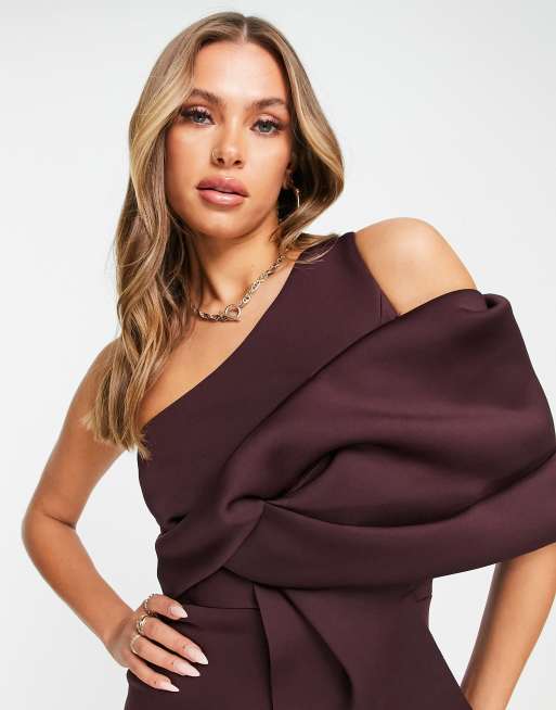 ASOS DESIGN peekaboo shoulder tuck midi pencil dress in aubergine