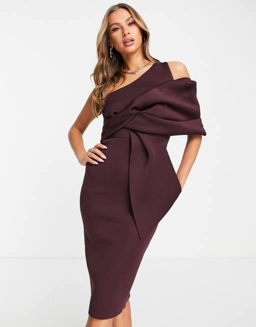 ASOS DESIGN peekaboo shoulder tuck midi pencil dress in aubergine