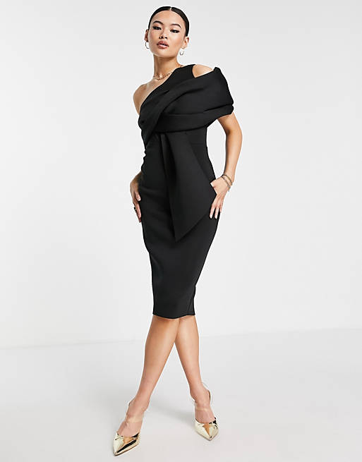 Dresses peekaboo shoulder tuck midi pencil dress in black 