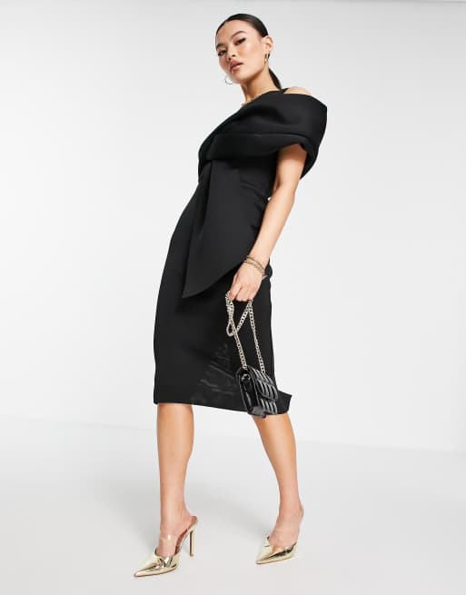 ASOS DESIGN peekaboo shoulder tuck midi pencil dress in black