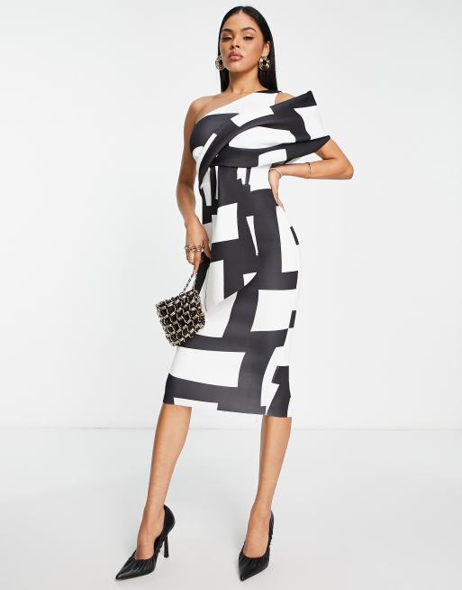 ASOS DESIGN peekaboo shoulder tuck midi pencil dress in mono check