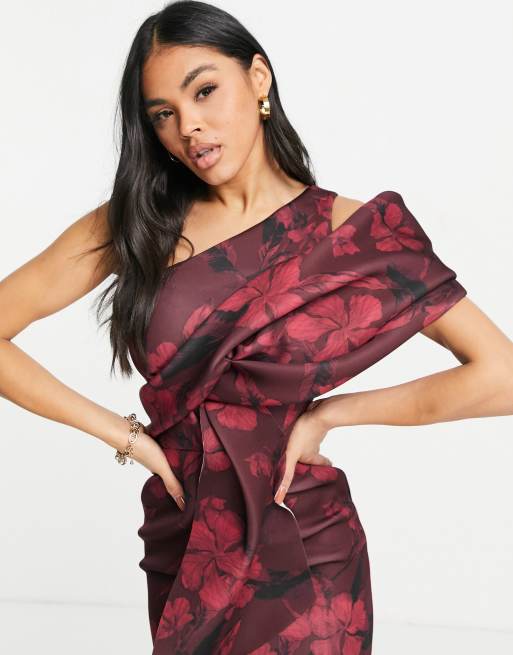 ASOS DESIGN peekaboo shoulder tuck midi pencil dress in print red floral, 3 of 4