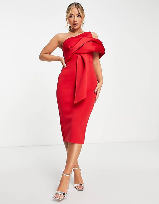 ASOS DESIGN peekaboo shoulder tuck midi pencil dress in red | ASOS