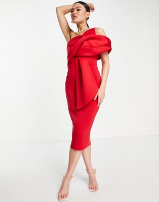 ASOS DESIGN peekaboo shoulder tuck midi pencil dress in red