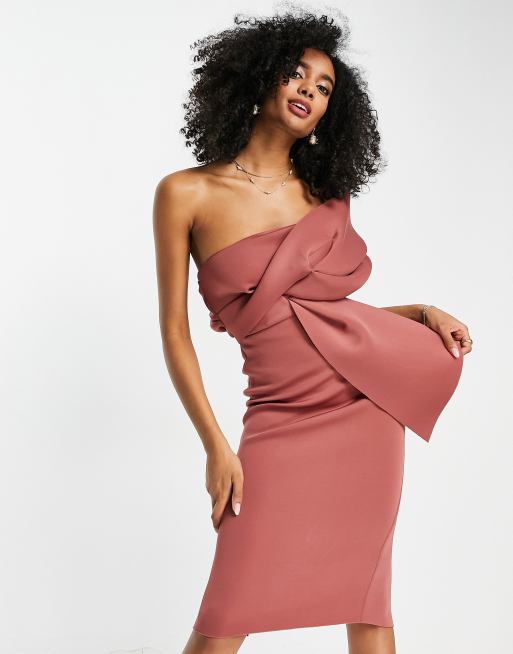 ASOS DESIGN peekaboo shoulder tuck midi pencil dress in rose