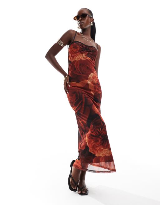ASOS DESIGN - Peekaboo - Vestito in rete con stampa di rose, gonna al polpaccio e finiture a festoncino