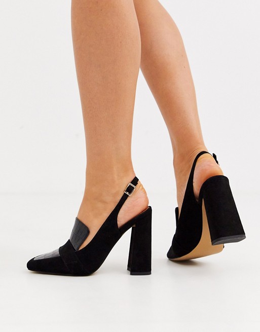 ASOS DESIGN Peggy square toe heeled loafers in black croc