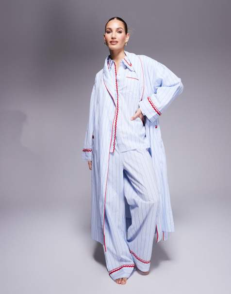 ASOS DESIGN - Peignoir tissé à rayures avec bordure zigzag - Bleu - view 1