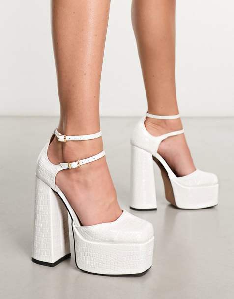 ASOS DESIGN - Penalty - Scarpe con tacco alto e plateau bianco sporco effetto coccodrillo con punta squadrata - view 1