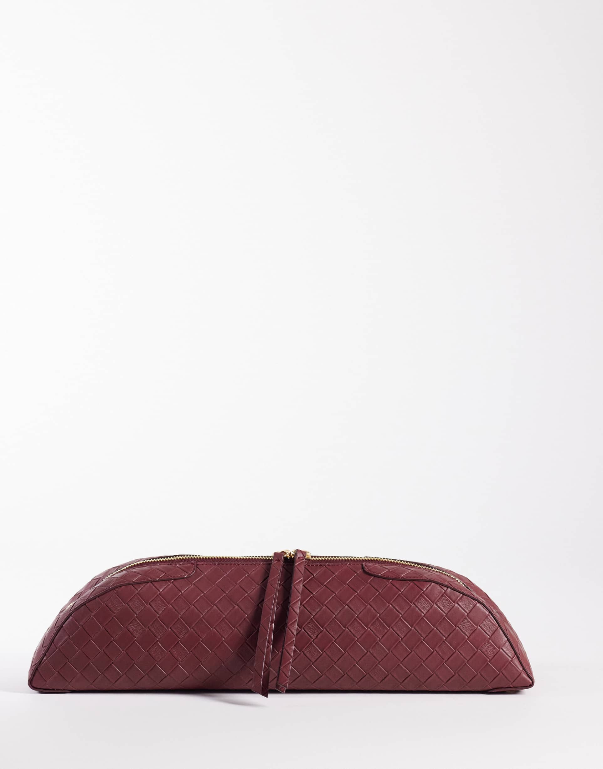 asos design pencil case elongated clutch in burgundy weave