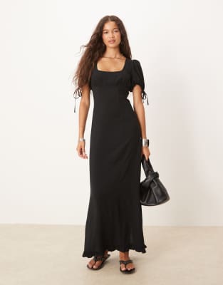 Asos Design Pencil Linen Look Midi Tea Dress In Black