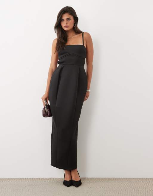 ASOS DESIGN pencil maxikjole med volumen og ryg med stropper i sort scuba-lignende stof, 2 af 4