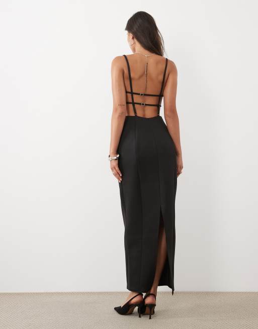 ASOS DESIGN pencil maxikjole med volumen og ryg med stropper i sort scuba-lignende stof, 4 af 4