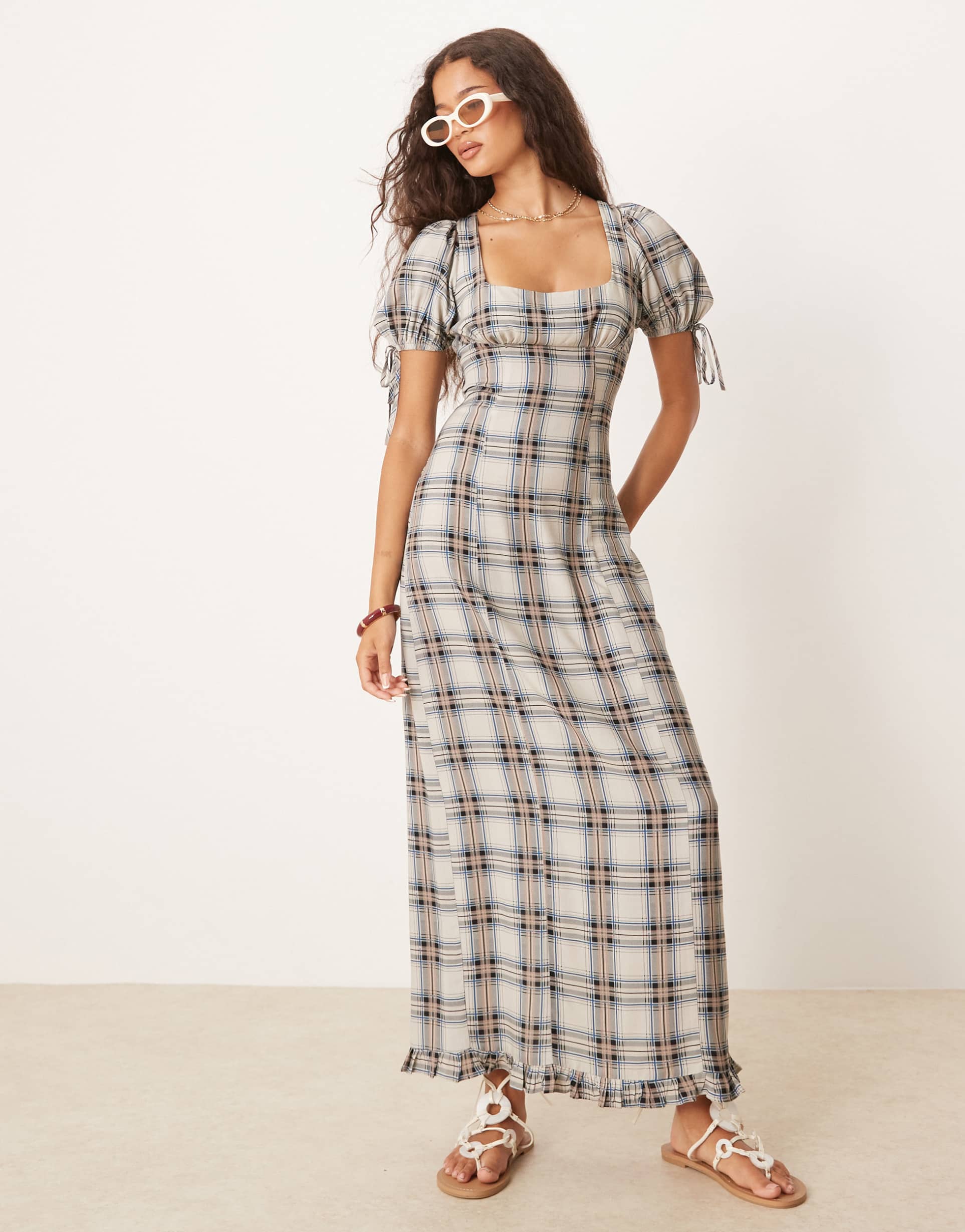 asos design pencil midaxi tea dress in gray plaid