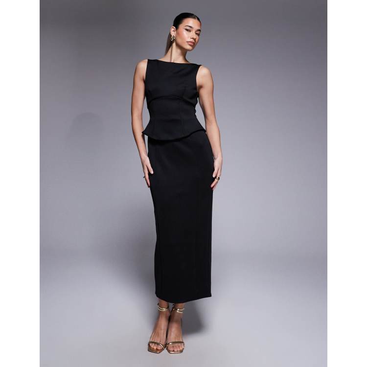ASOS Design Pencil Midi Dress with Peplum Corset Bodice in Black scuba-style Fabric