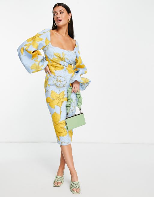 ASOS DESIGN - Pencil-midikjole med slå-om-buste og store ærmer og firkantet hals og overdimensioneret blomsterprint