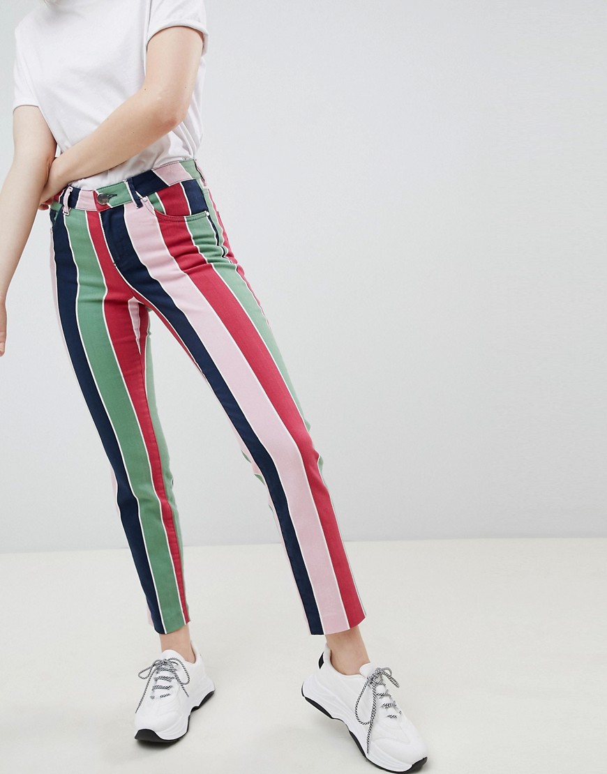 Asos Design Pencil Straight Leg Jeans With Colored Stripe Print-multi