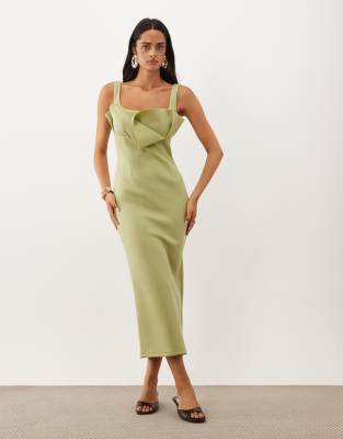 Asos Design Pencil Style Maxi Dress With Corsage Detail In Green