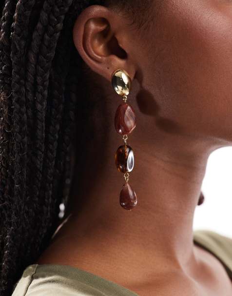 ASOS DESIGN pendant drop earrings with brown faux-stones - view 1