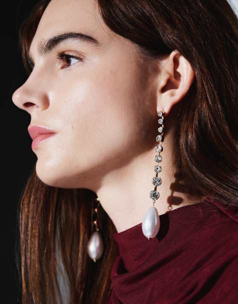 ASOS DESIGN pendant drop earrings with faux-crystal gem drops and faux-pearls - view 1