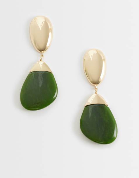 ASOS DESIGN pendant drop earrings with green resin in gold tone - view 1
