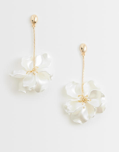 ASOS DESIGN pendant earrings with ivory flower pendants in gold tone - view 1