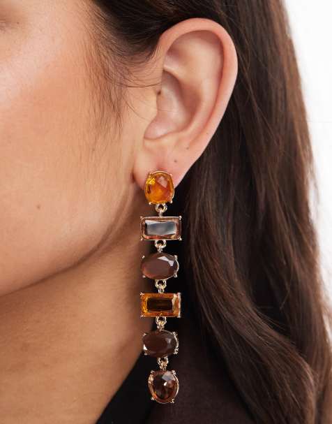 ASOS DESIGN pendant earrings with mixed amber stone-setting in gold tone - view 1