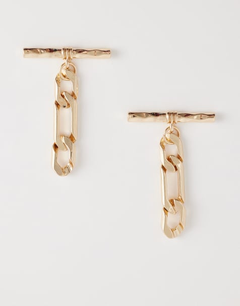 ASOS DESIGN pendant earrings with t-bar chain detail in gold tone - view 1
