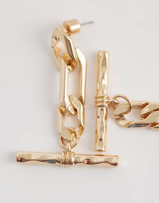 ASOS DESIGN pendant earrings with t-bar chain detail in gold tone, 3 of 4