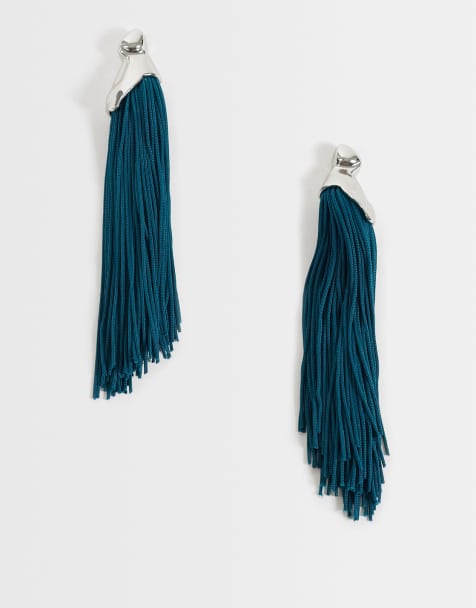 ASOS DESIGN pendant earrings with tassels in dark teal - view 1