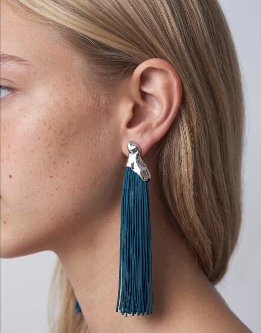 ASOS DESIGN pendant earrings with tassels in dark teal, 2 of 5
