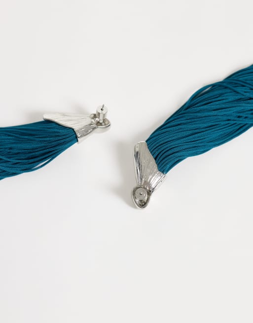 ASOS DESIGN pendant earrings with tassels in dark teal, 4 of 5