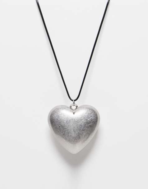 ASOS DESIGN pendant necklace with large puff heart detail in silver tone - view 1