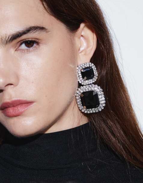 ASOS DESIGN pendant stud earrings with crystal detail and black stones in silver tone - view 1