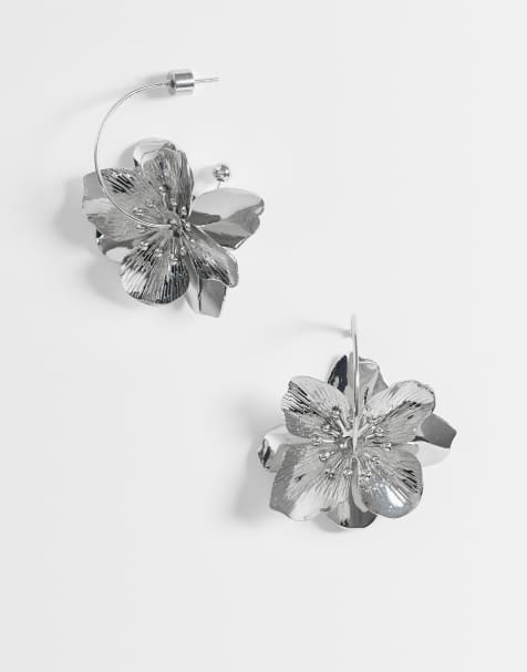 ASOS DESIGN - Pendientes de aro plateados con charms de flores - view 1