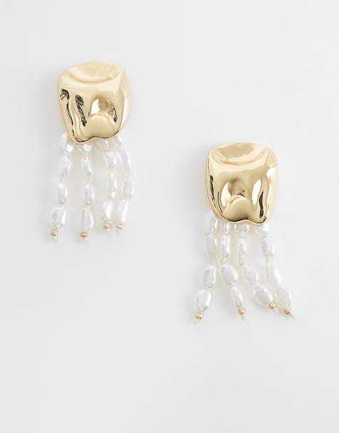 ASOS DESIGN - Pendientes de botón blanco marfil con flecos de perlas de imitación - view 1