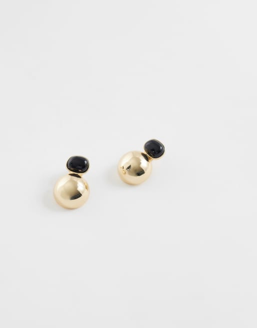 ASOS DESIGN - pendientes de botón con doble caída y engaste de piedra negra en tono dorado, 4 de 4