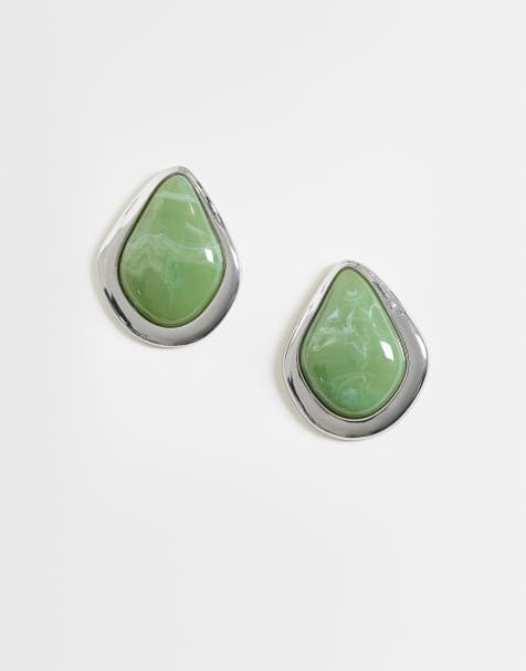 ASOS DESIGN - pendientes de botón con piedra verde en tono plateado - view 1
