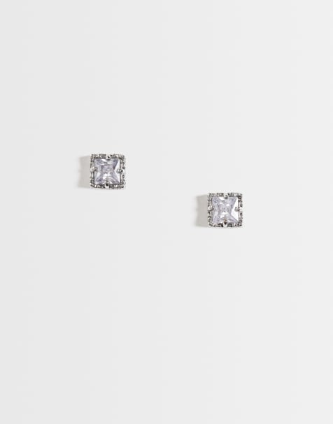 ASOS DESIGN - pendientes de botón cuadrados con detalle de borde y piedra de cristal en plateado - view 1
